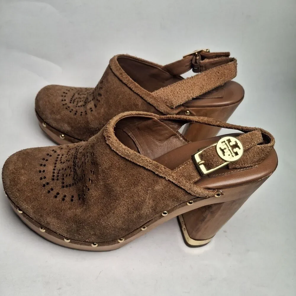 Tory Burch Brayden Slingback Clog 8M Brown Gold Wood Heel Studded Summer Party
